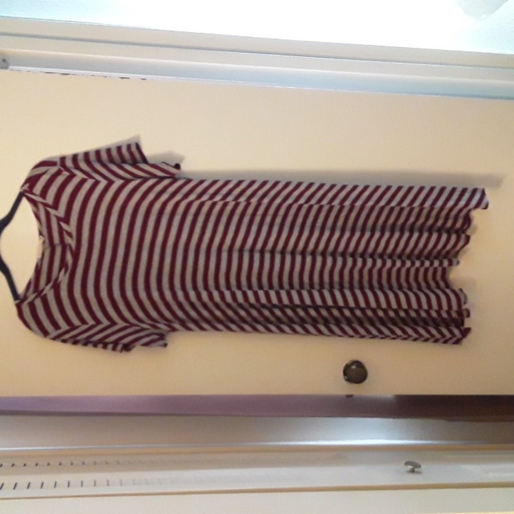 Burgundy And Gray, Striped, Short Sleeved Dress